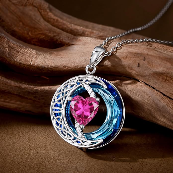 Valentines Day Gifts for Women, Birthstone Necklace for Women, Celtic Moon Pendant Blue Crystal Necklace Heart Jewelry Anniversary Jewelry Gift for Daughter Wife Mother Sister