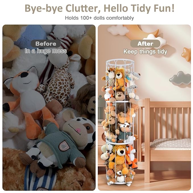 Stuffed Animal Storage Zoo Plushies Toy Storage Organizer, Metal Tube Stuffed Animal Holder with Brake Wheels, Space Saving Plush Toy Holder for Playroom Bedroom Nursery (White)