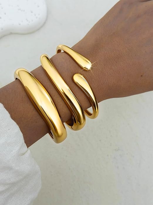 3Pcs Chunky Gold Bangles Bracelets for Women, Spring Hinged Big Stackable Bangles Set, Trendy Cuff Bracelet Stack Fashion Jewelry Gifts