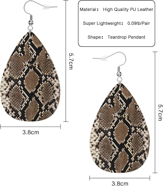 Snake Skin Leather Teardrop Hook Earrings Wild Brown Animal Snake Print Elegant Earrings For Women Friends Dangle Earrings