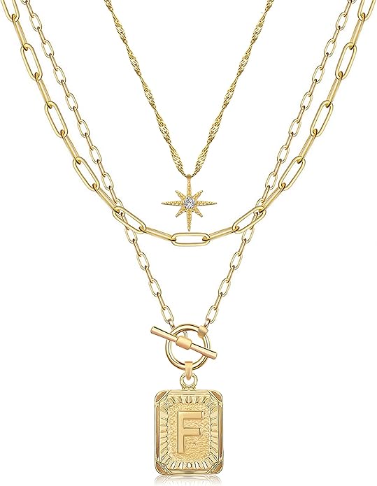 MJartoria Layered Initial Necklaces for Women Trendy, 14K Gold Plated Brass Simple Star Choker Square Letter Pendant Necklace, Paperclip Chain Necklaces Jewelry Gifts