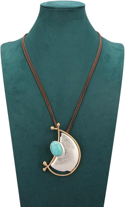 GelConnie Leather Necklace for Women Large Pendant Long Brown Necklace Circle Leather Choker Vintage Sweater Necklace Gold Chunky Boho Necklaces for Women