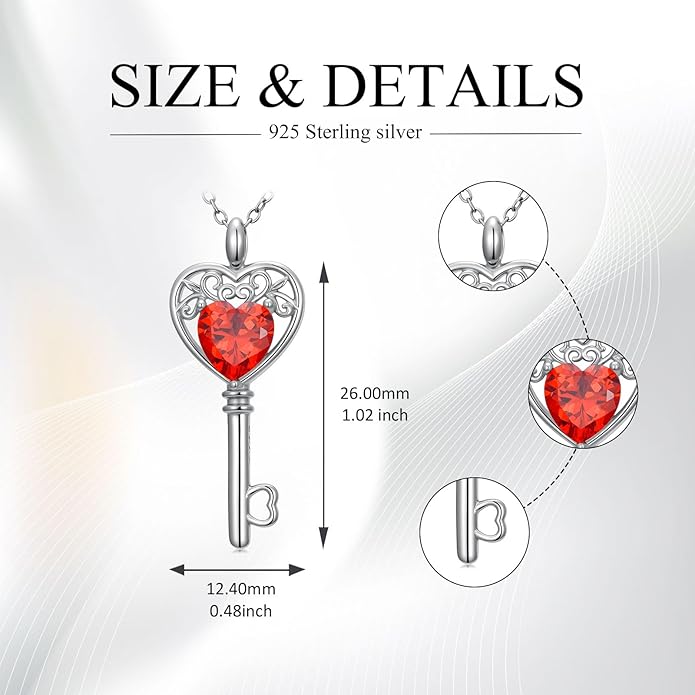 WSX Heart Key Birthstone Necklace for Women 925 Sterling Silver Love Key Pendant with Birthstone Valentine's Day Anniversary Jewelry Gift for Her