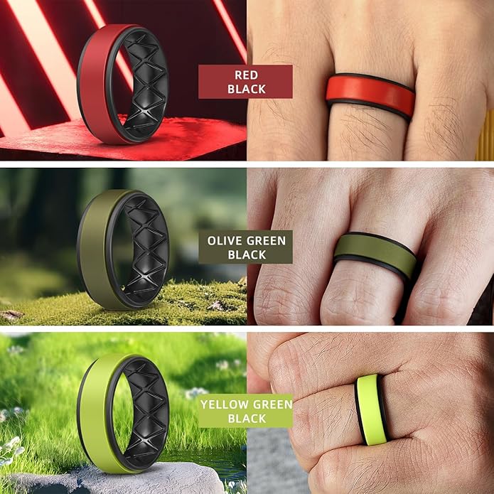 Egnaro Silicone Rings for Men 1/4/5/6/7 Multipack of Breathable Mens Silicone Rubber Wedding Rings Bands - Step Edge