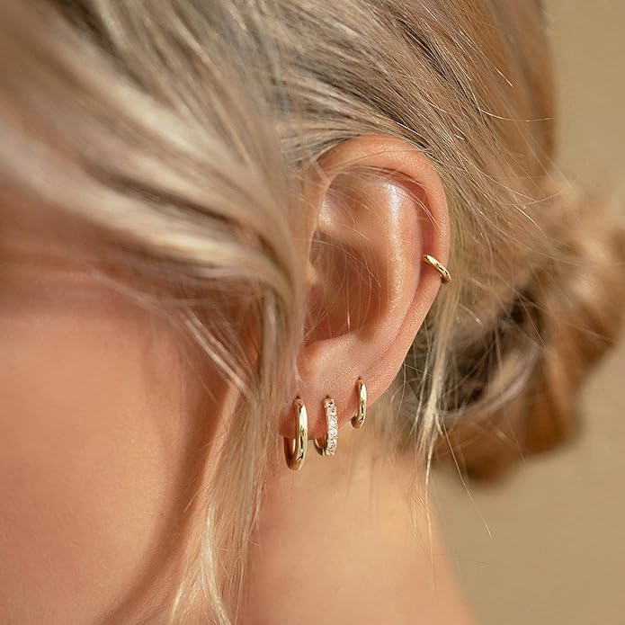 Small Gold Huggie Hoop Earrings Set for Women Men Hypoallergenic 14K Plated Stack Cartilage Earrings, Multiple Piercing Lightweight Mini Thin Cute Dainty Trendy Jewelry Set Christmas Gifts for Women