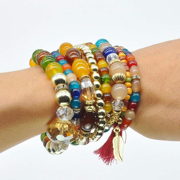 Bohemian Bracelet Sets for Women - 6 Sets Stackable Stretch Bracelets Multi-color Boho Jewelry for Women Hippie Bracelets Dainty Jewelry