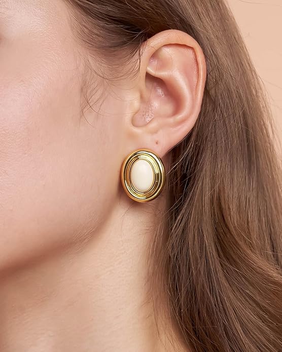 18K gold plated Medium Oval Button Chunky Statement Earrings for Women by SNGIA, (Turquoise, Carnelian, Aventurine, Amethyst, Malachite, Cat Eye, White, Cream) Bold Handmade Colored (Red, Blue, Green, White, Cream, Purple) Exaggerated Dome Retro Rounde...