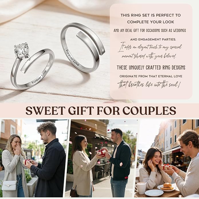 Personalized Couple Rings Engraved with Names - Adjustable Matching Promise Rings Set with Cubic Zirconia, Romantic Gift for Her/Him, Wedding, Anniversary, Valentine's Day (No Size Worry)