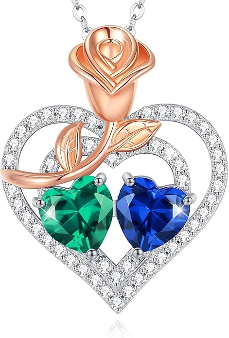 AGVANA Valentines Day Gifts Birthstone Necklace for Women Sterling Silver Rose Flower Heart Double Birthstone Jewelry Pendant Necklace Anniversary Birthday Gifts for Women Mom Wife Girlfriend Her