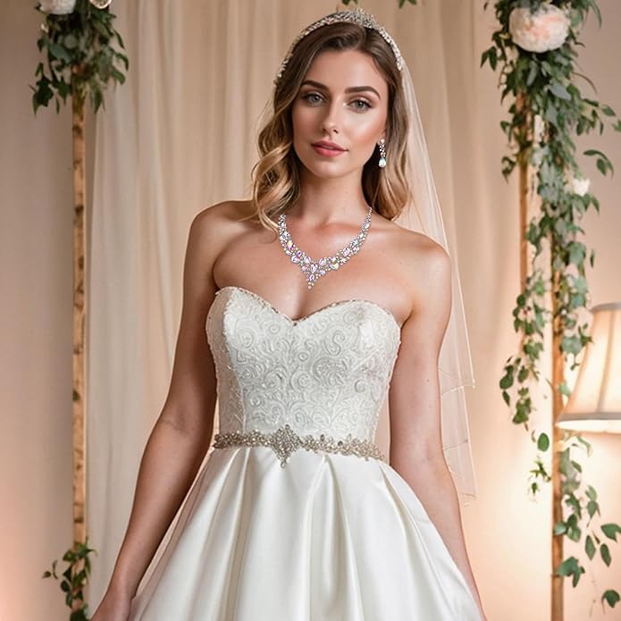 BriLove Women's Wedding Bridal Austrian Crystal Teardrop Cluster Statement Necklace Dangle Earrings Jewelry Set