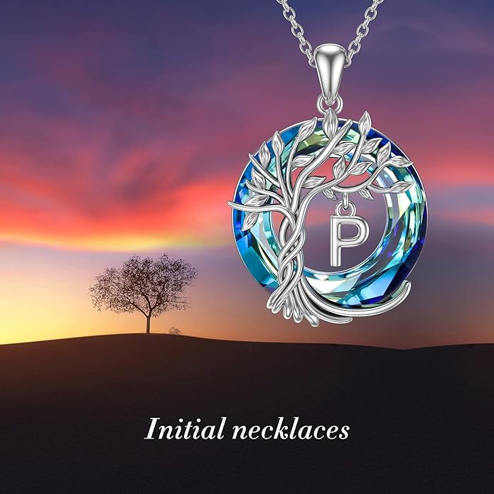 TOUPOP Gifts for Women Tree of Life Necklace 925 Sterling Silver Initial Pendant Family Tree Crystal Jewelry Valentine's Day Birthday Gifts for Her Mom Wife Girlfriend Daughter