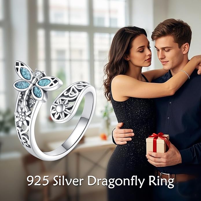 VONALA Dragonfly/Butterfly/Tree of Life/Sunflower Ring for Women 925 Sterling Silver Adjustable Turquoise Ring Flower Antique Jewelry Gifts