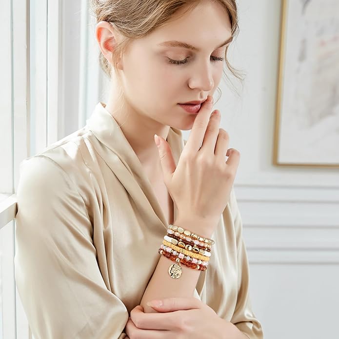 GOOJIDS Surfer Heishi Clay Bead Bracelets for Women Bohemian Stackable Gold Plated Beaded Stretch Bracelets Elastic Layering Friendship Bracelets Set Boho Jewelry
