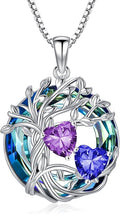 TOUPOP s925 Sterling Silver Family Celtic Tree of Life Pendant Necklaces with 2 Heart Birthstone with Blue Austrian Crystal Jewelry Birthday Valentines Day Gifts for Her, Anniversary Christmas Gifts for Wife Girlfriend Mom (18K Real White Gold Filled)