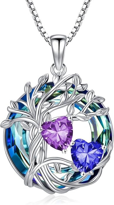 TOUPOP s925 Sterling Silver Family Celtic Tree of Life Pendant Necklaces with 2 Heart Birthstone with Blue Austrian Crystal Jewelry Birthday Valentines Day Gifts for Her, Anniversary Christmas Gifts for Wife Girlfriend Mom (18K Real White Gold Filled)