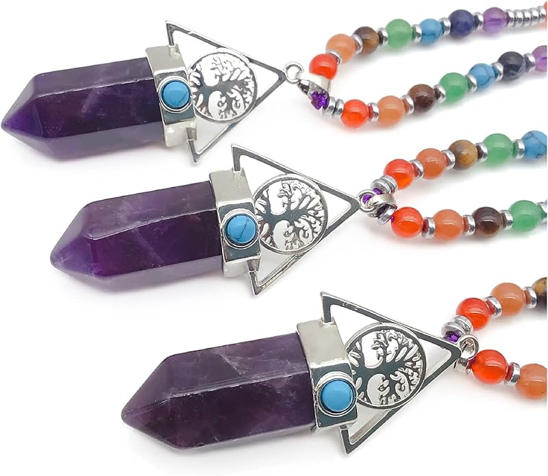 EDEN'S CALL Tree of Life 7 Chakra Stone Beads Necklace for Women and Men Hexagonal Crystal Point Pendant Necklace