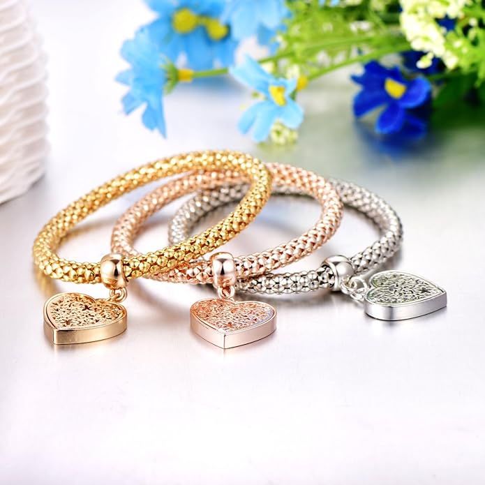 Crystal Charms Multilayer Bracelets - 3PCS Gold/Silver/Rose Gold Corn Chain Bracelet for Women, Tree of Life Heart Shaped Stretch Bracelet