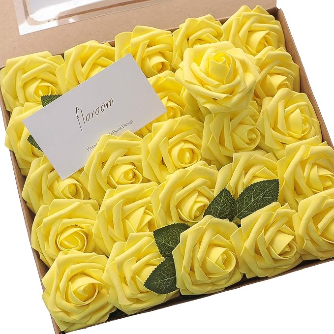 Artificial Flowers 25pcs Real Looking Canary Yellow Foam Fake Roses by Floroom