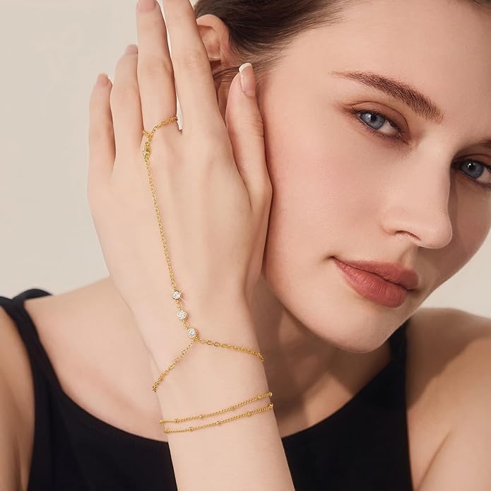 Cicy Bell Hand Chain 18k Gold Plated Bracelet for Women Trendy Teardrop Cubic Zirconia Adjustable Finger Ring Slave Dainty Bracelets Jewelry Gifts