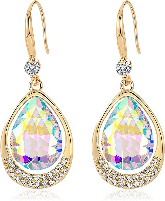 Austrian Crystal Halo Teardrop Hollow Drop Dangle Earrings for Women 14K Rose Gold Plated Hypoallergenic Jewelry Gifts