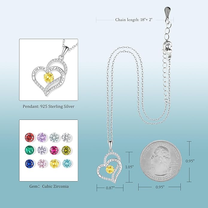 Birthday Gifts Double Heart Birthstone Necklace for Women, S925 Sterling Silver Pendant Necklace Jewelry for Her Mother Mom Wife Girlfriend