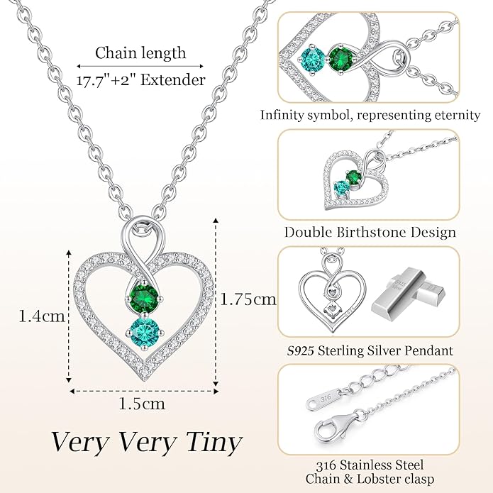 LOUISA SECRET Infinity Double Birthstone Necklace, 925 Sterling Silver Tiny Pendant Heart Necklace for Women Wife Her, Best Jewelry Gift Heart Jewelry Meaningful Gift for Valentine's Day, Christmas, Birthday Anniversary
