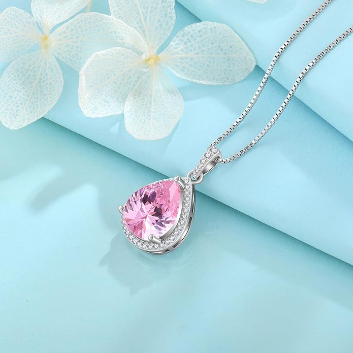 FJ Teardrop Pendant Necklace 925 Sterling Silver Birthstone Jewelry Gifts for Women