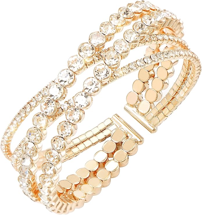 Rhinestone Bracelet for Women MultiLayer Crystal Cuff Bracelet Strand Layered Bracelet
