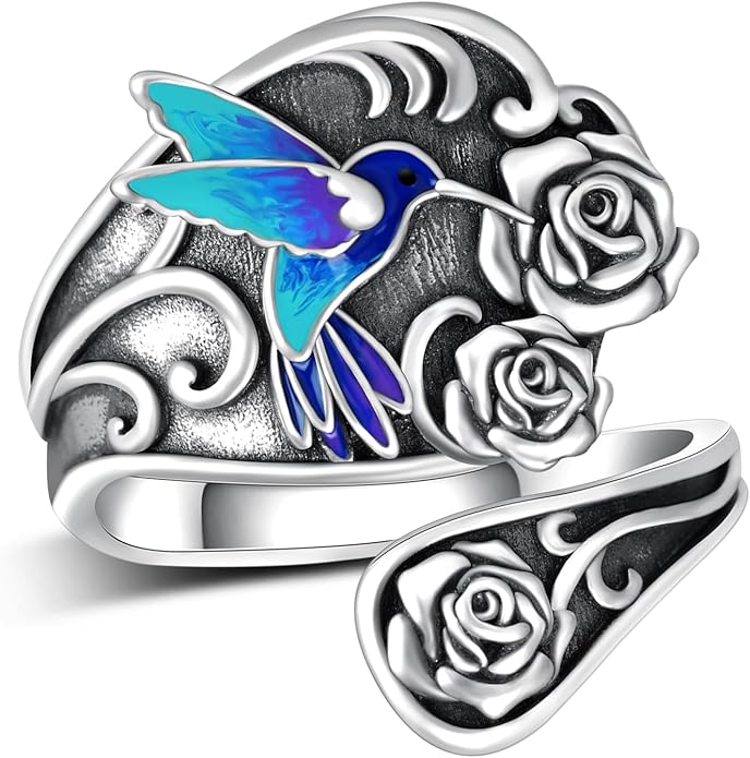 Spoon Rings for Women 925 Sterling Silver Hummingbird/Butterfly/Bee/Red Cardinal/Pink Flamingo Adjustable Thumb Rings Vintage Boho Antique Jewelry Gifts