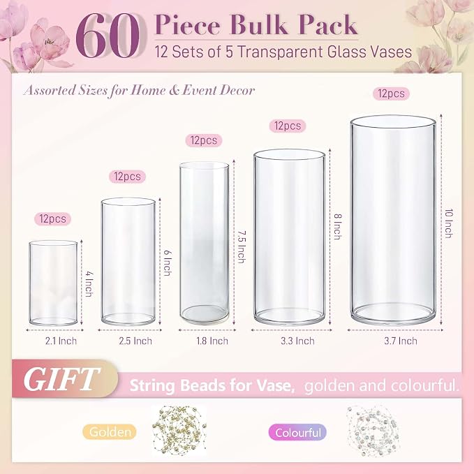 60pcs Cylinder Vases for Centerpieces Small Flower 4, 10Inch Tall Clear Vase - Image 2