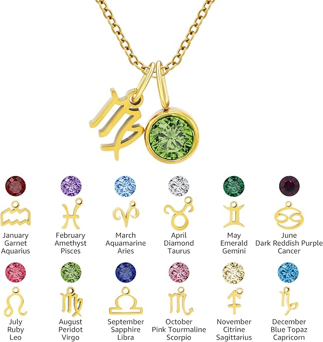 MISS RIGHT Initial Birthstone Necklace for Women - Personalized Gifts Birthday Gifts for Women Stainless Steel 18K Gold Plated Dainty Gold Zodiac Sign 12 Constellation Horoscope Necklace Jewelry