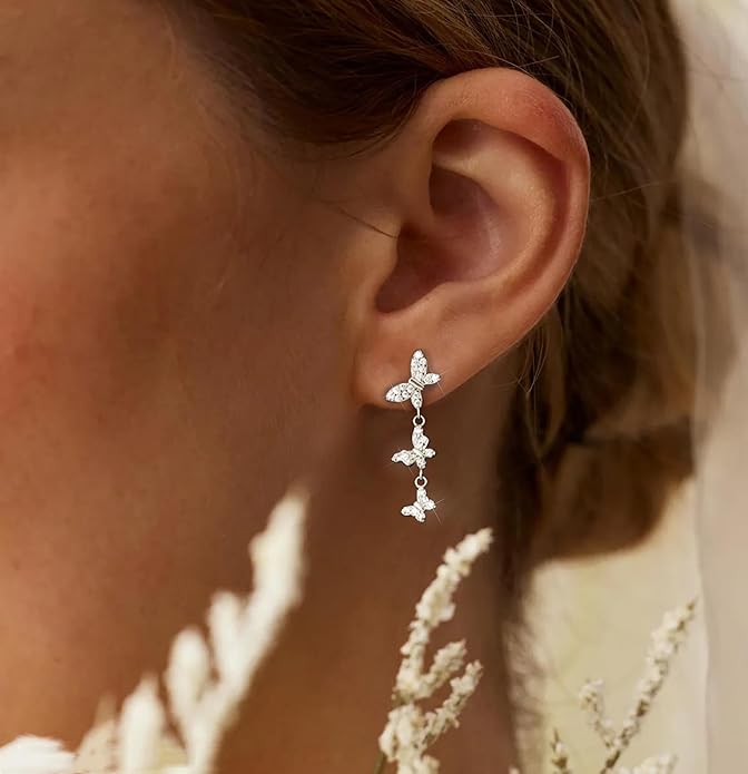 14K Gold Plated Dangle Earrings for Women Dainty Silver Drop Earring Trendy Small Long Dangling Wedding Bridesmaid Hoop Diamond Crystal Cute Earring Jewelry Valentine Gifts