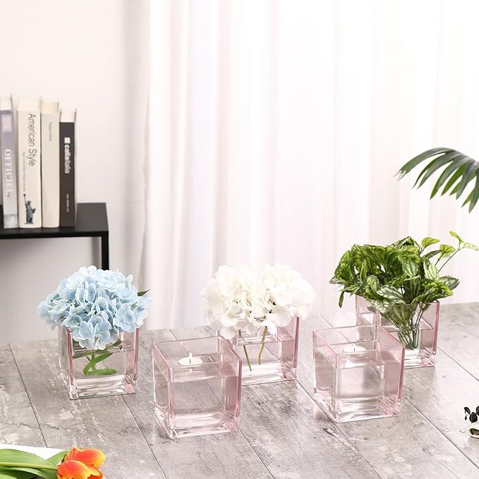 Square Pink Glass Vases Set of 2, Flower Vases - Image 5
