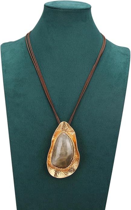 GelConnie Leather Necklace for Women Large Pendant Long Brown Necklace Circle Leather Choker Vintage Sweater Necklace Gold Chunky Boho Necklaces for Women