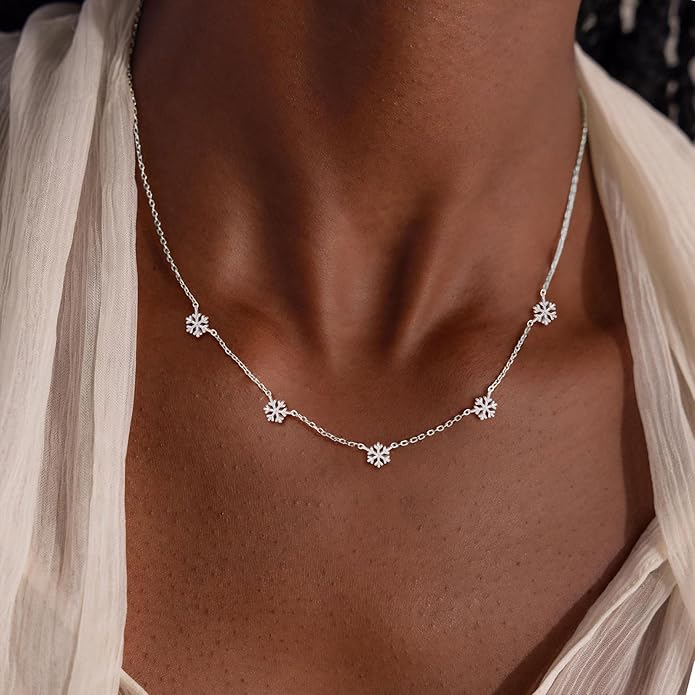 VRIUA Necklaces for Women - 14K Gold/Silver Plated Dainty Chain Necklace with Five Charms: Diamond, Bow, Snowflake, Cross, Flower, Clover, Butterfly, Heart, Star of David, and Star Trendy Jewelry