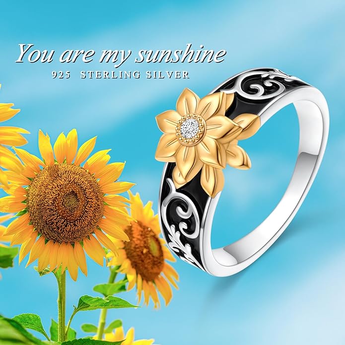 Alphm Sunflower Fidget Ring S925 Sterling Silver Spinner Ring Anxiety Stress Relieving Rotatable Valentine's Day Birthday Jewelry Gift for Women Wife Girlfriend