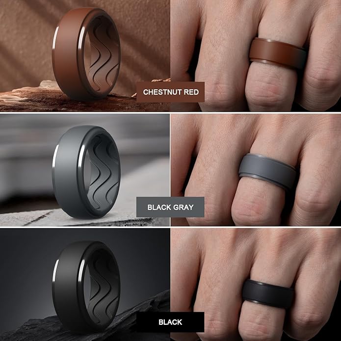 Egnaro Men's Silicone Rings 10mm Wide 2.5mm Thick, Rubber Wedding Bands with Inner Arc Ergonomic Breathable Design, 1/4/5/7 Variety Multipack