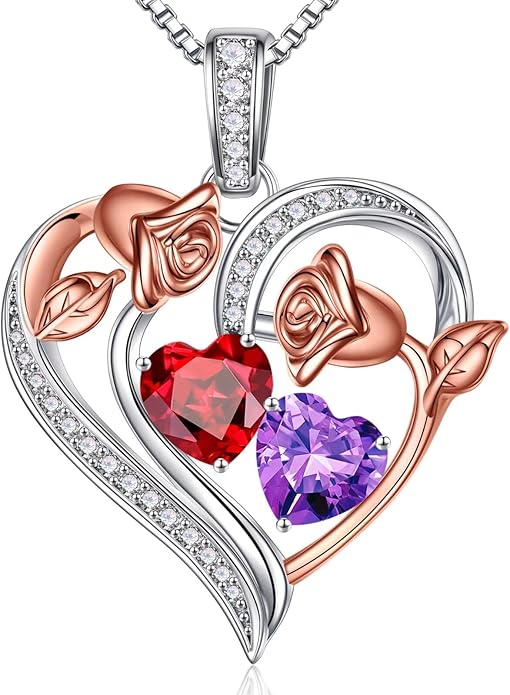 Iefil Valentines Day Gifts for Her - 925 Sterling Silver Rose Heart Necklace, Birthstone Jewelry, Anniversary Birthday Gifts for Wife Girlfriend Mom Daughter