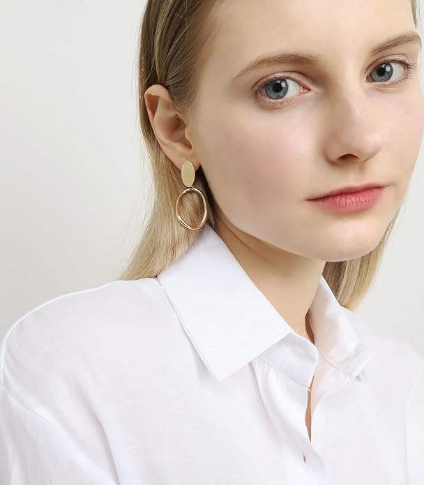 OZEL Gold Dangle Earrings for Women Brushed Finish, Matte Gold Statement Jewelry, 14k Gold Plated