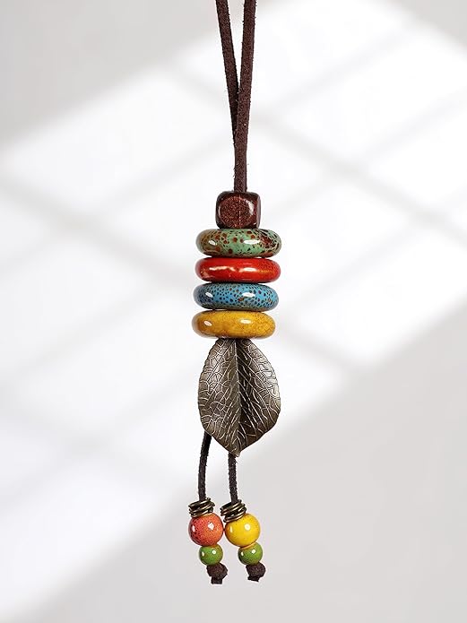 MINACHI Vintage Bohemian Leaf Charm Colorful Ceramic Bead Long Y Necklace, Boho Jewelry Gift for Women