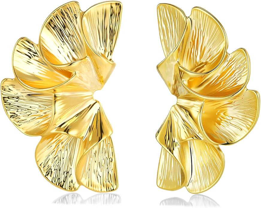 18K Gold Plated Large Chunky Flower Statement Earrings for Women by SNGIA, Summer Beach Floral Handmade Drop Jewelry, Maximalist Wedding Date Birthday Gift, Bold Exaggerated Textured Dangle Trendy Ribbed Jewelry, 18K Gold Plated Chandelier Fashion Acce...