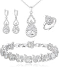 BriLove Wedding Jewelry Set for Women Bride Bridesmaid, Gorgeous Cubic Zirconia Teardrop Necklace Earrings Bracelet Adjustable Ring Jewelry Gift for Birthday/Anniversary/Mother’s Day