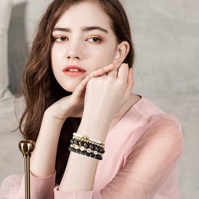 GOOJIDS Surfer Heishi Clay Bead Bracelets for Women Bohemian Stackable Gold Plated Beaded Stretch Bracelets Elastic Layering Friendship Bracelets Set Boho Jewelry