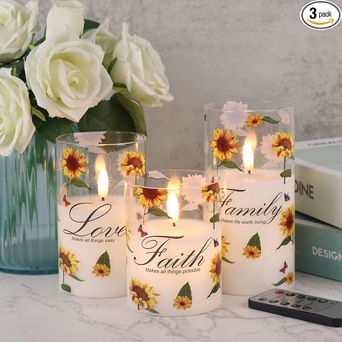 Sunflower Glass Flameless Candles Battery Operated Remote Timer | LED by DRomance