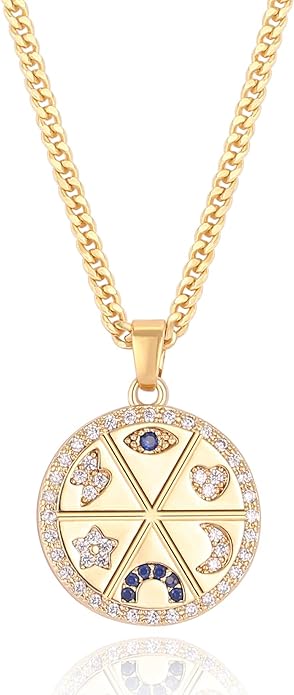 Aobei Pearl 18K Gold Plated Moon Star Lion Evil Eye Love Heart Cross Pendant Necklace Medallion Paperclip Chian Choker Layering Jewery for Women
