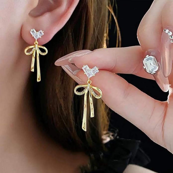 Dainty Brass Bow Dangle Earrings for Women,14K Gold Plated Brass Elegance Love Heart Cubic Zirconian Bowknot Earrings for Prom Wedding Brides