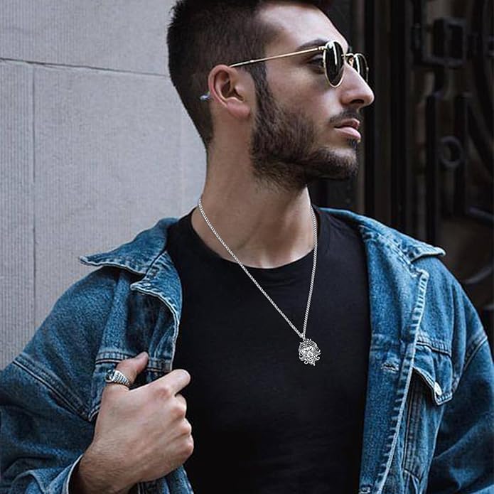 Cuoka Lion Necklace for Men Women S925 Sterling Silver King Retro Punk Gothic Hip Hop Rock Animal Lion Head Pendant Charm Jewelry Chain Necklace Viking Protection Amulet Necklaces