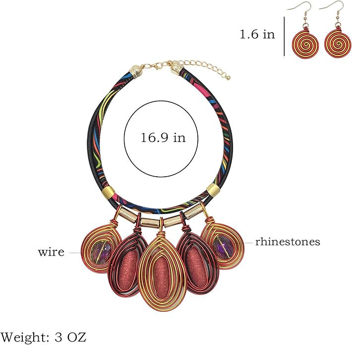 Statement African Necklace For Women African Jewelry Costume Earring Sets Tribal Fashion Colorful Big Rhinestone Crystal Pendent Collar Choker Bold Chunky Bib Handmade