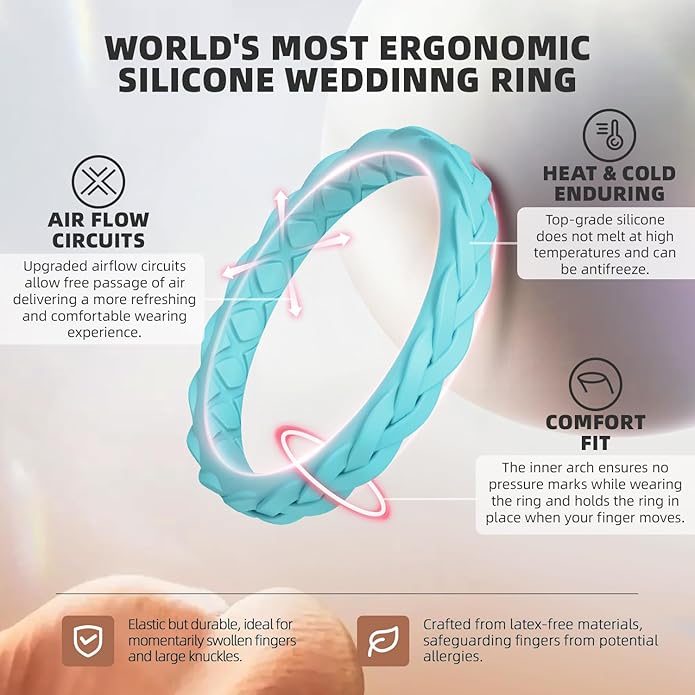 Egnaro Women's Wedding Bands, Silicone Thin and Stackable Rubber Engagement Ring, Variety Multipack With Breathable Grooves Workout Accessories