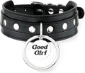 Black O-ring Leather Choker Collar for Women, Gothic Punk Style Adjustable Choker Necklace with Rivets and Engraved Letters Steel Tag